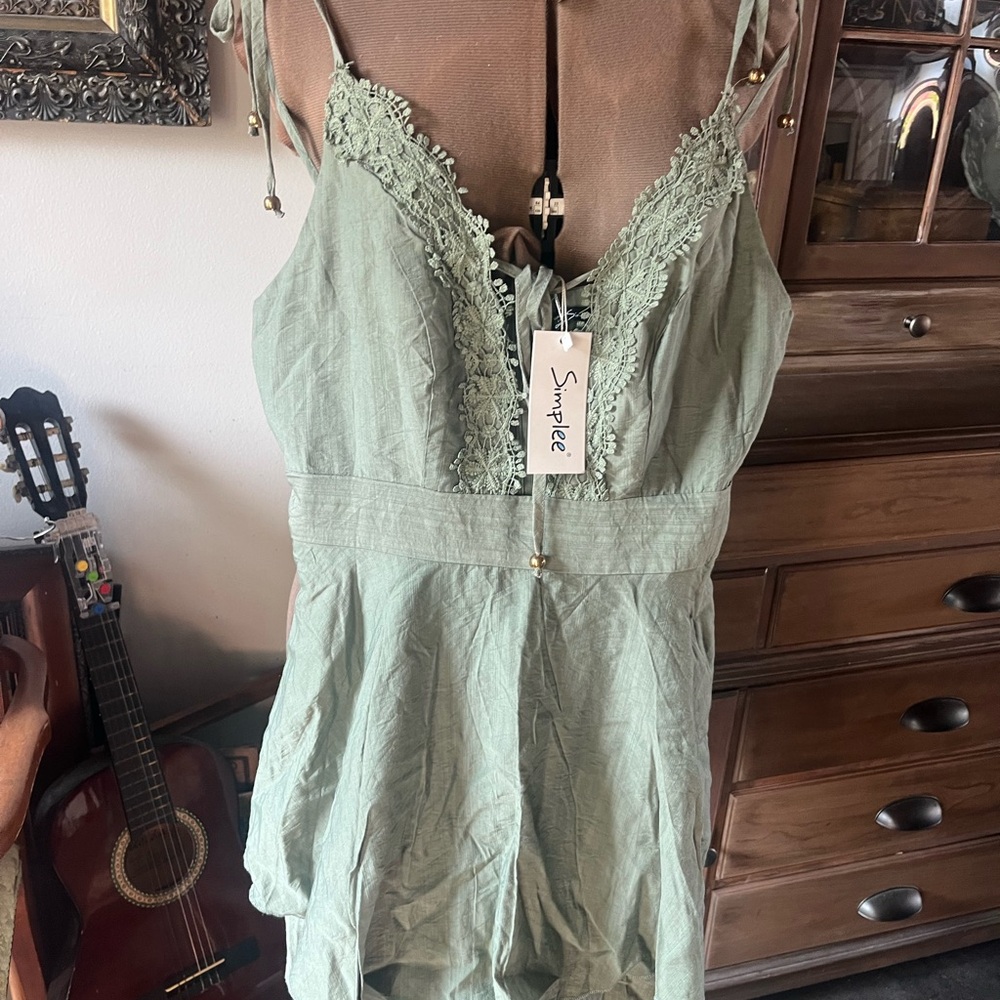Simple Green Lace Trim Jumpsuit with Spaghetti Straps NWT